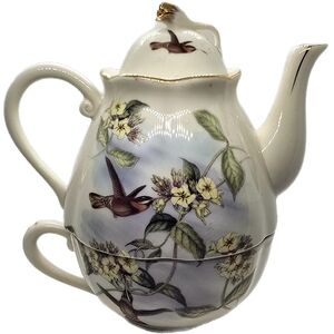 Hummingbird Gracie China Three Piece Teapot & Teacup With Lid, Coastline Imports